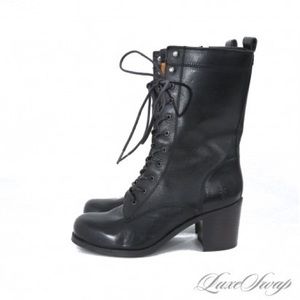 FRYE MADE IN MEXICO BLACK CALF LEATHER SIDE ZIP EASY ON/OFF LACED BOOTS 7